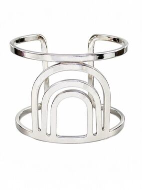 BANSRI Silver Tone Sculptural Cuff Bracelet Adjustable Modern Geometric Piece